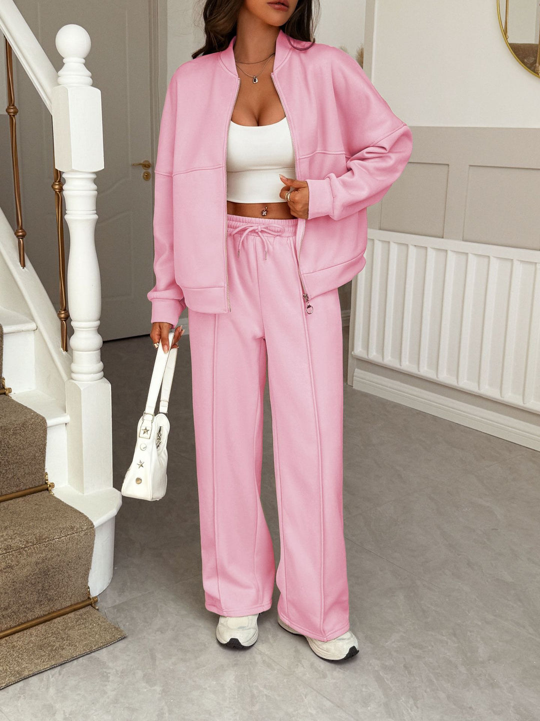 Women's oversized sweat set with zip bomber jacket and high waist palazzo pants Mune Fashion