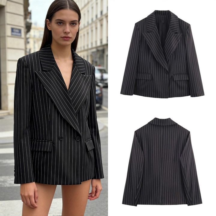 Ladies pinstriped blazer with wide lapels, single-button closure, and flap pockets Mune Fashion