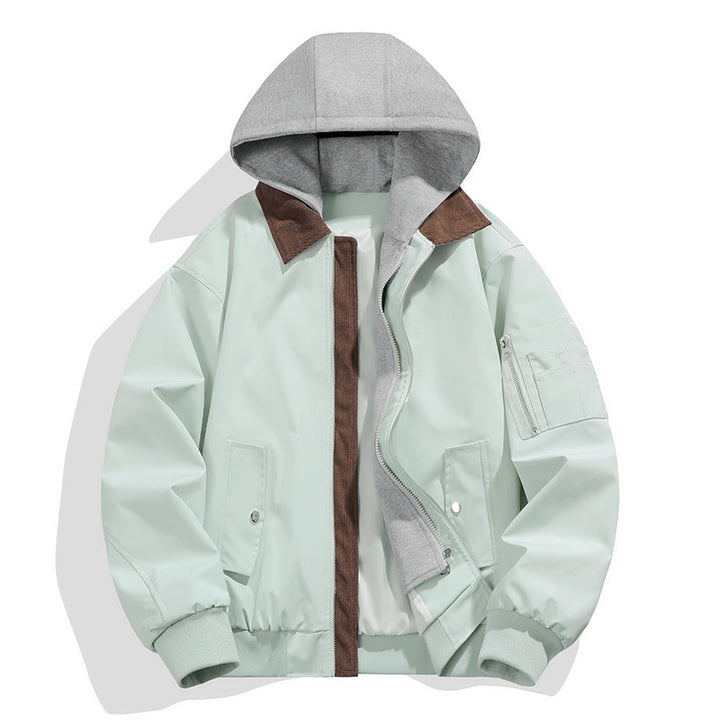 Men's casual leisure bomber jacket with内置 hood layer and cord stand collar Mune Fashion