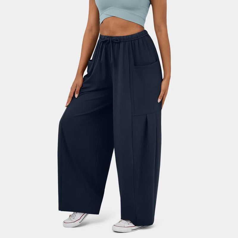 Women's Wide Relaxed Pants with High Elastic Waistband, Drawstring and Large Cargo Pockets Mune Fashion