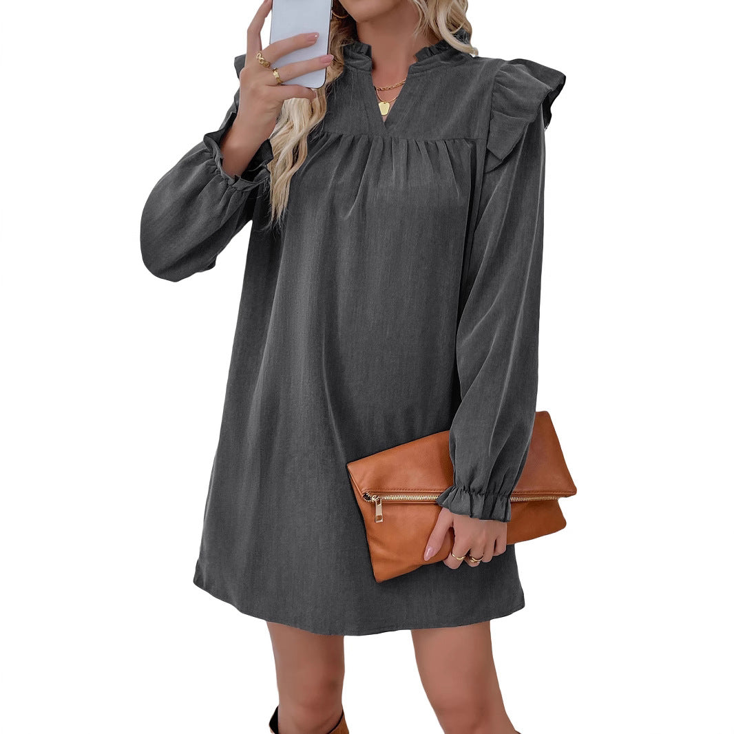 Women's Ruffle Shirt Dress with Gathered Yoke, Stand Collar, and Elastic Cuffs Mune Fashion