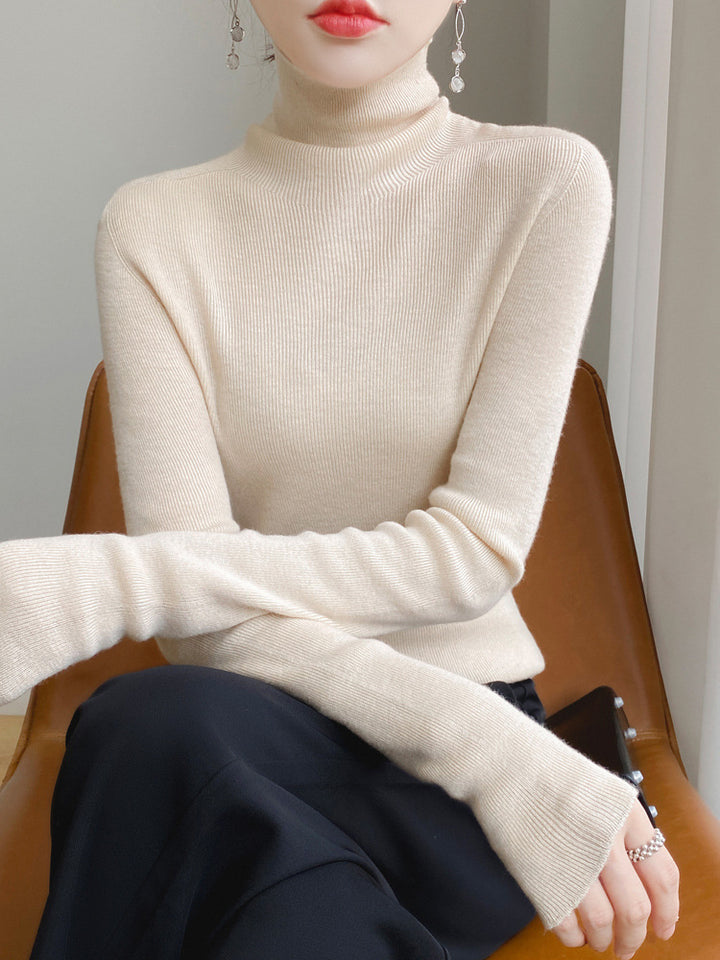 Women Slim Turtleneck Fine Knit Sweater with Elastic Rib Structure and Minimalist Silhouette Mune Fashion