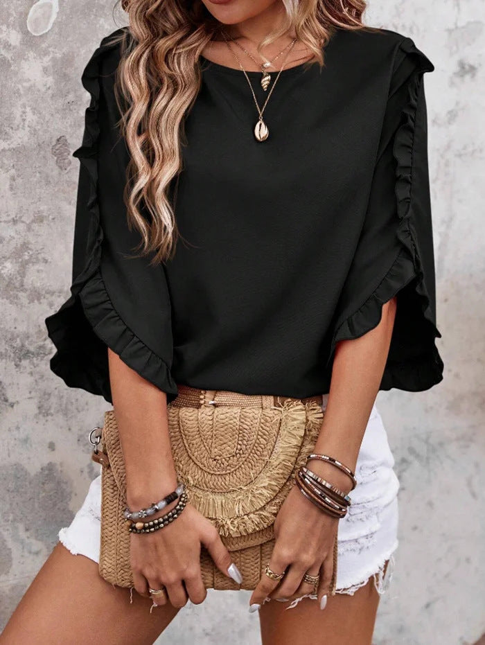 Women's Lightweight Ruffle Cape Top with Wide Batwing Sleeves Drune