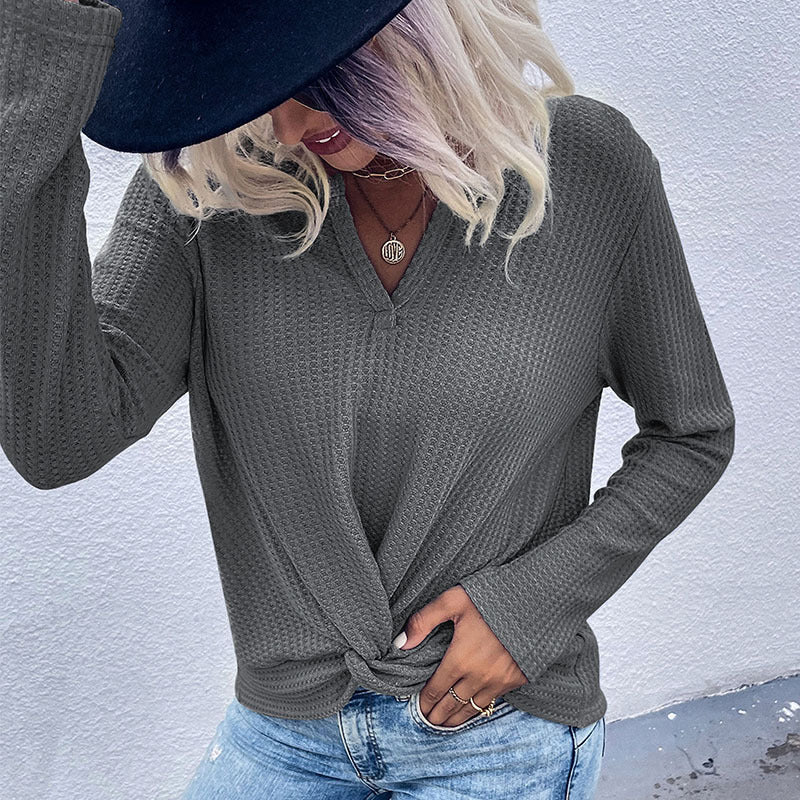 Women Waffle Knit Long Sleeve with V-neck and Knot Front Mune Fashion