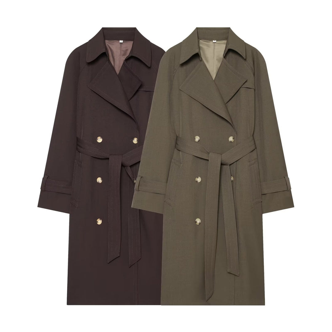 Women Long Double-Breasted Trench Coat with Waist Belt and Raglan Sleeves Mune Fashion