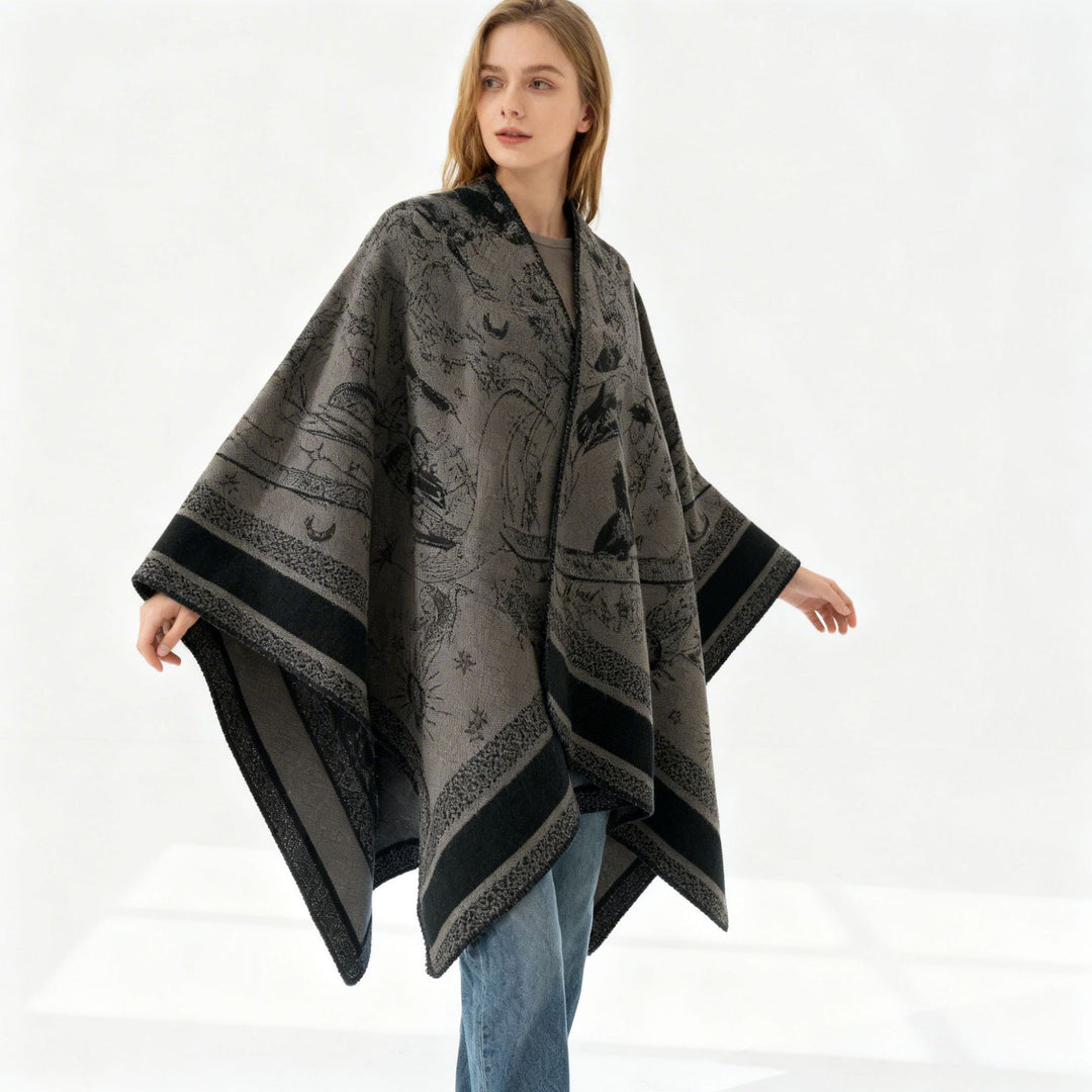 Women's Oversize Jacquard Cape Poncho made of wool blend with V-neck and heavenly motif Mune Fashion