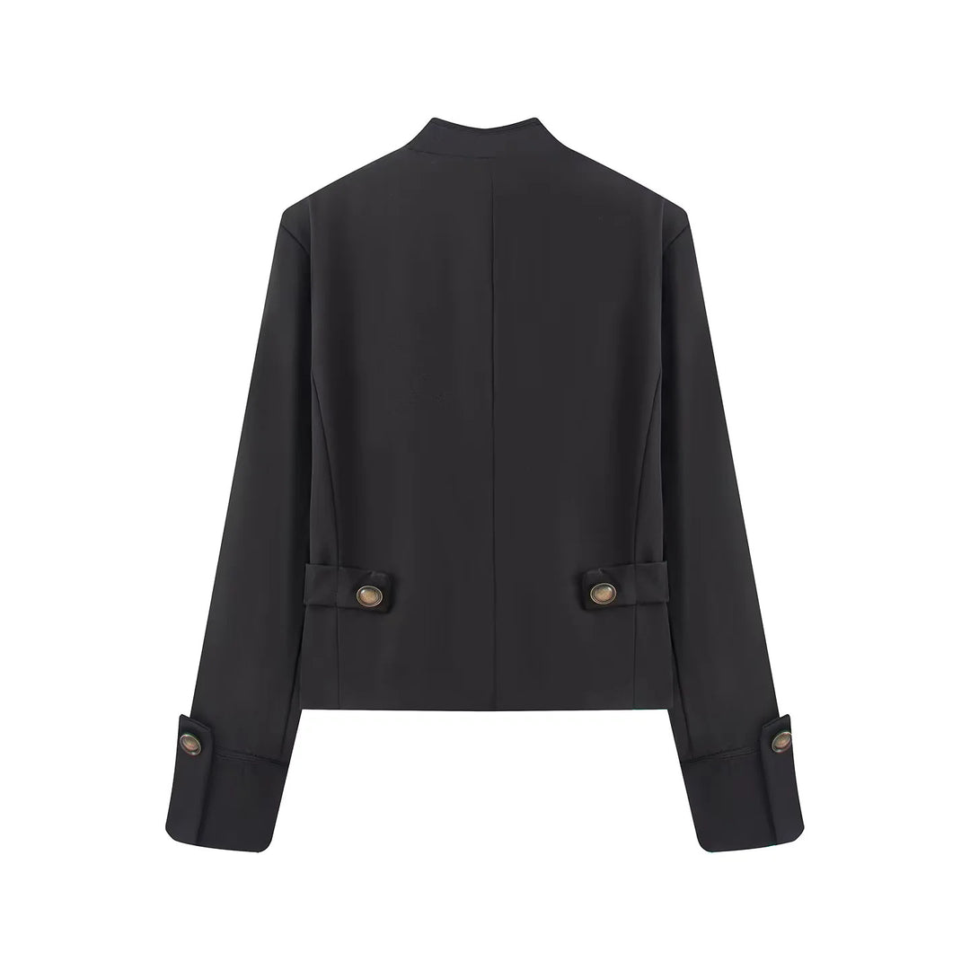 Women's short jacket in uniform style with ornamental cord decoration, stand-up collar and concealed zipper Mune Fashion