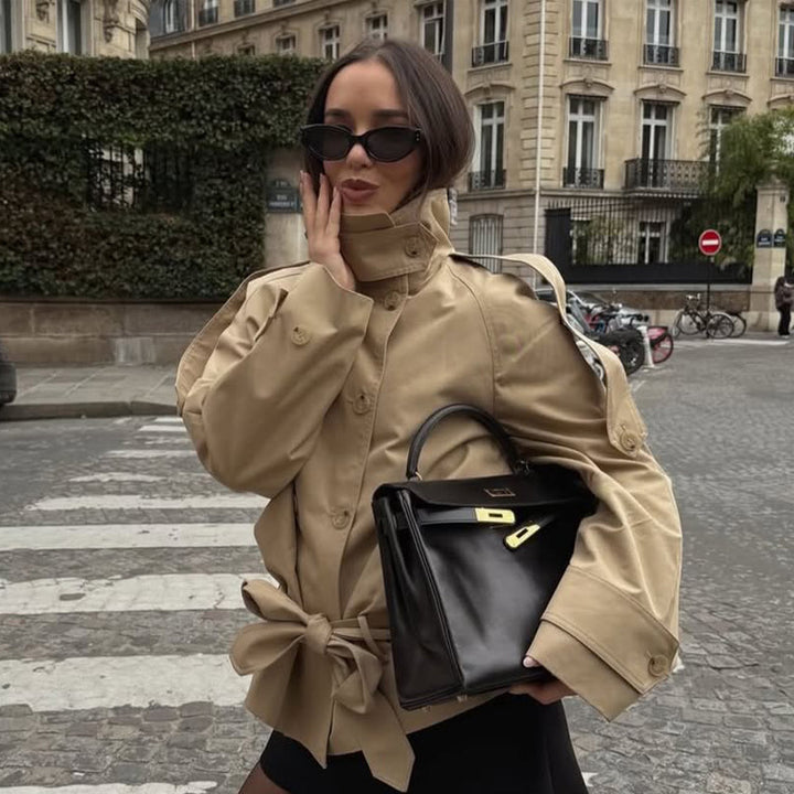 Women Short Trench with High Stand Collar, Double-Breasted Button Placket & Waist Belt Mune Fashion