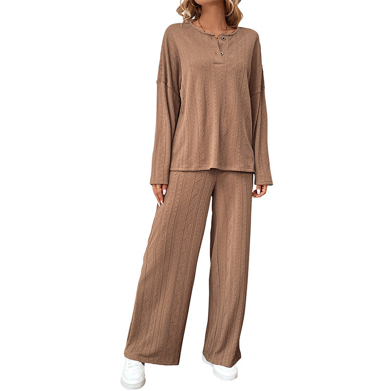 Women's Two-Piece Knit Loungewear Set with Wide-Leg Pants and Henley Top Mune Fashion