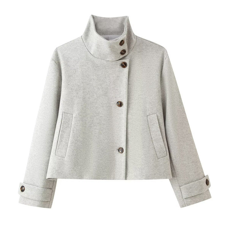 Women short boxy wool jacket with stand-up collar and cuffs Mune Fashion