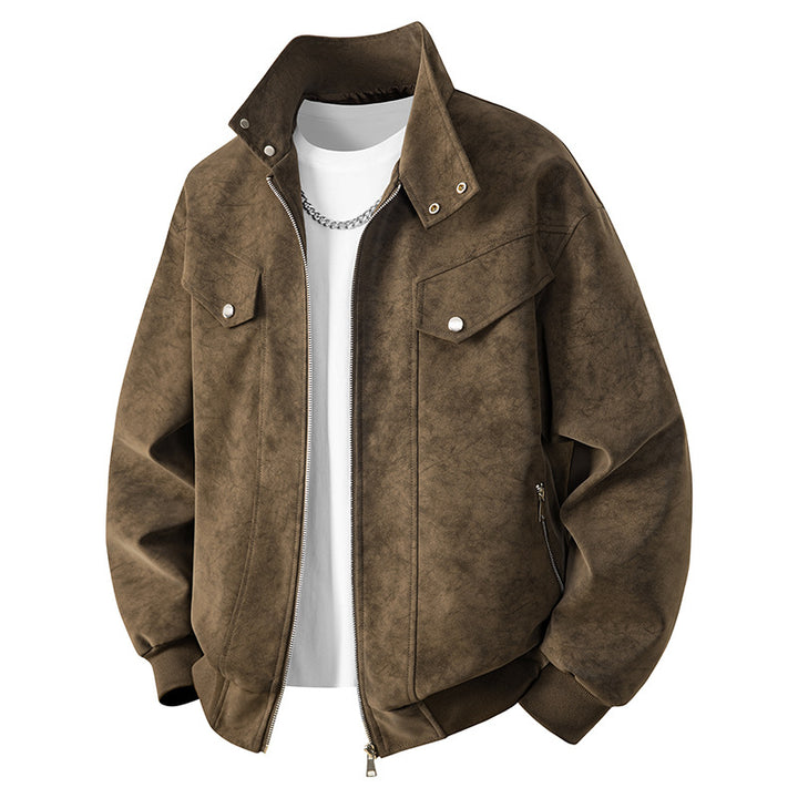 Men's velvet imitation transitional bomber-style jacket with stand-up collar, press stud fastening & elastic cuffs.