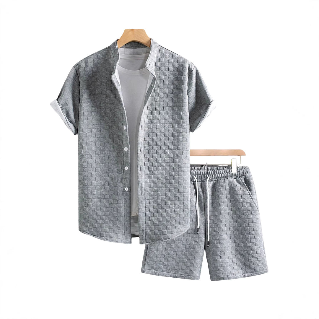 Men's two-piece summer ensemble with stand-up collar shirt jacket and elastic comfort shorts in embossed checked texture Mune Fashion