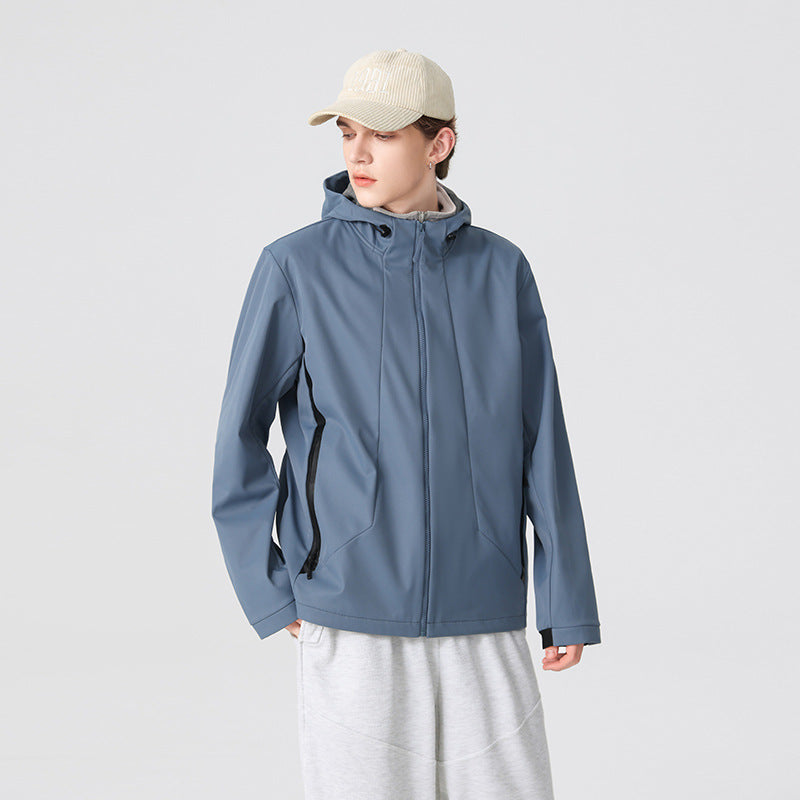 Men's Minimalist Softshell Rain Jacket with Concealed Zipper, Integrated Hood, and Breathable Mesh Lining Mune Fashion
