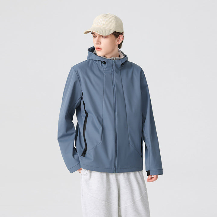 Men's Minimalist Softshell Rain Jacket with Concealed Zipper, Integrated Hood, and Breathable Mesh Lining Mune Fashion