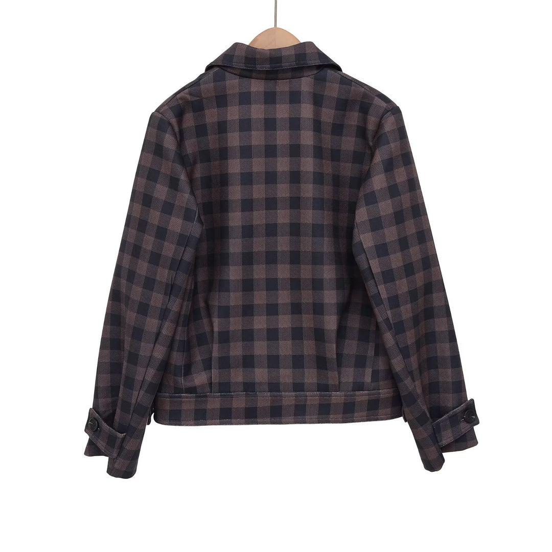 Women's Short Double-Breasted Jacket in Checked Design with Notched Collar and Waistband Mune Fashion
