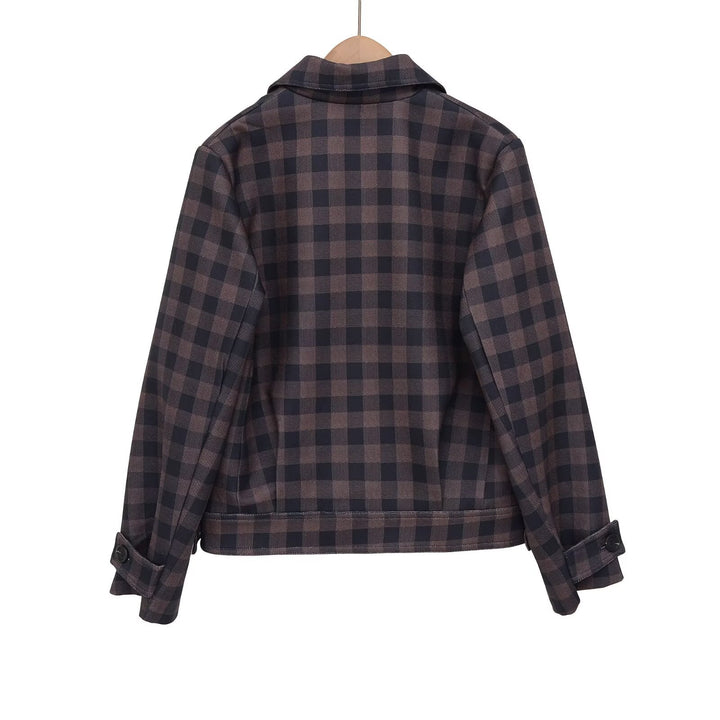 Women's Short Double-Breasted Jacket in Checked Design with Notched Collar and Waistband Mune Fashion