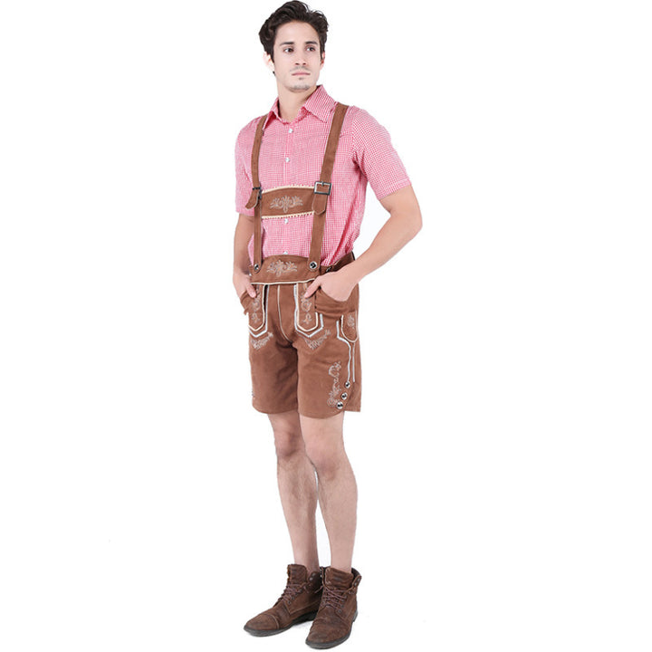 Men's traditional leather shorts with braces and intricate embroidery Mune Fashion
