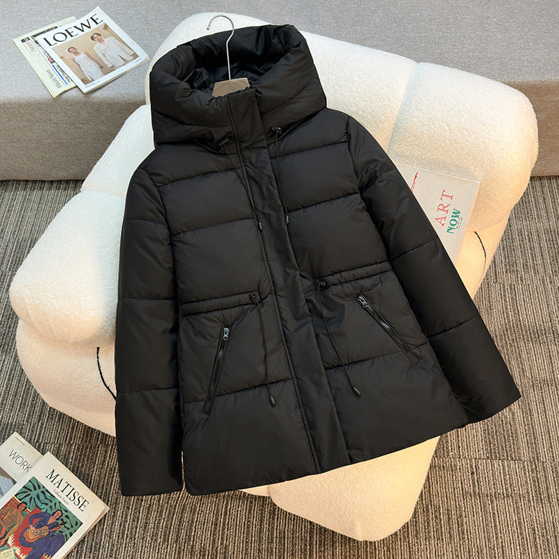 Women's Boxy Puffer Jacket with Padded Insulation, Stand Hood and Drawstrings Mune Fashion