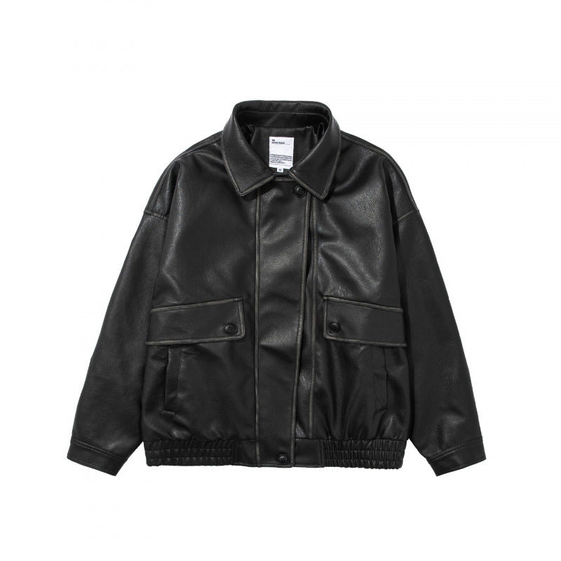 Unisex Short Cut Oversized Faux Leather Blouson Jacket with Shirt Collar, Flap Pockets and Elastic Hem Mune Fashion
