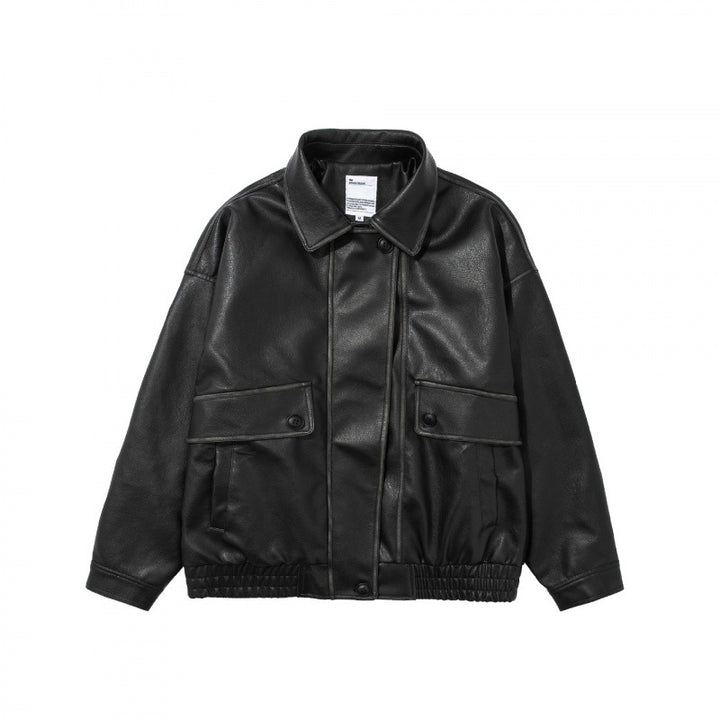Unisex Short Cut Oversized Faux Leather Blouson Jacket with Shirt Collar, Flap Pockets and Elastic Hem Mune Fashion