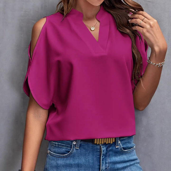 Women Off-Shoulder Chiffon Blouse with V-Neck and Stand-Up Collar Mune Fashion