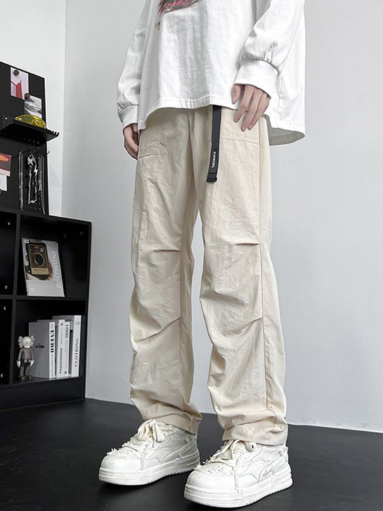 Men's Loose Fit Nylon Cargo Pants with Utility Webbing and Straight Leg Mune Fashion