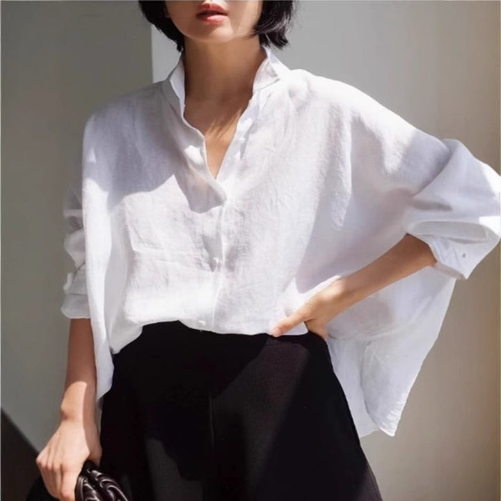 Women's Oversized Linen Blouse with Gathered Back Yoke and Roll-Up Sleeves Mune Fashion