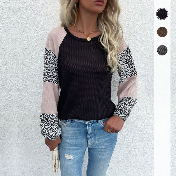 Women's Casual Waffle Knit Shirt with Raglan Sleeves, Colorblock and Leopard Inserts Mune Fashion