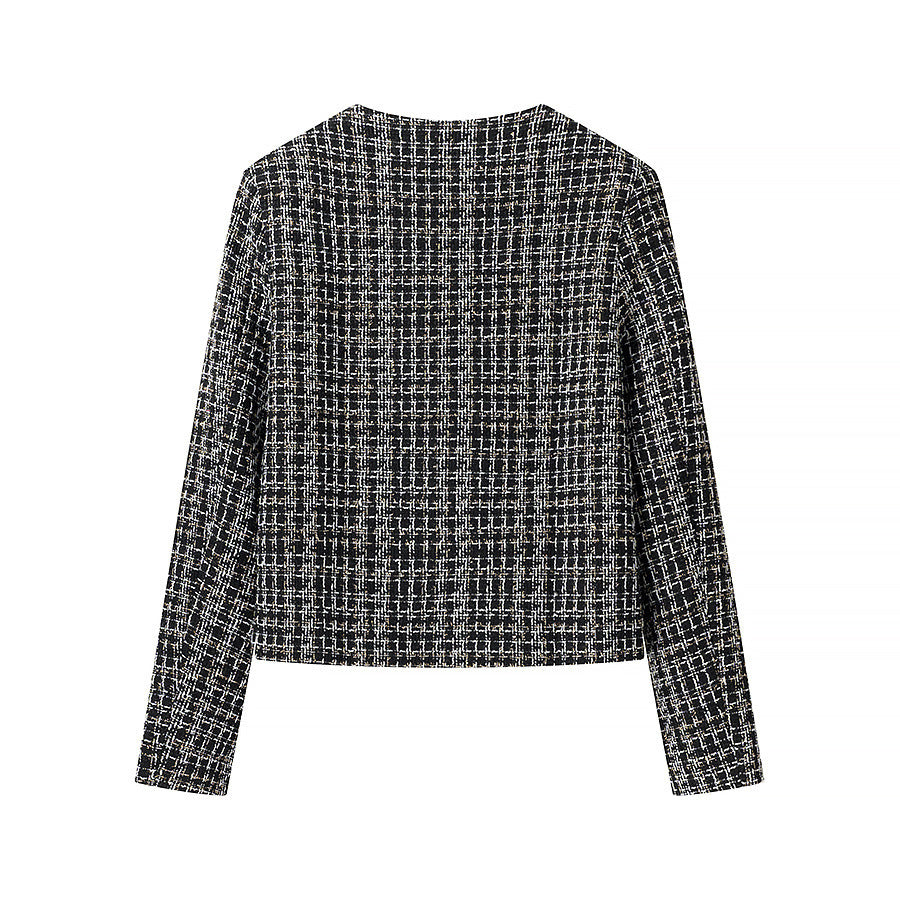 Women's Boucle Tweed Jacket with Round Neckline, Gold Decorative Buttons and Patch Pockets Mune Fashion