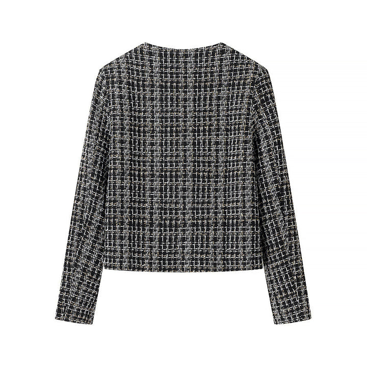 Women's Boucle Tweed Jacket with Round Neckline, Gold Decorative Buttons and Patch Pockets Mune Fashion