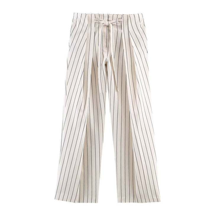 Women's Two-Piece Casual Pinstripe Set: Stand Collar Blouse & Loose High Waist Pants Mune Fashion