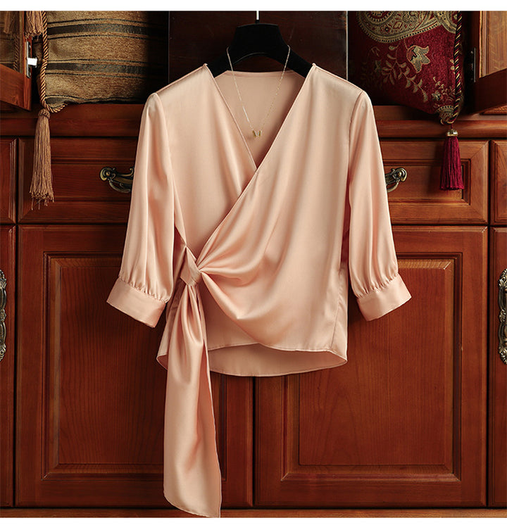 Women Elegant Wrap Blouse with Waistband Mune Fashion