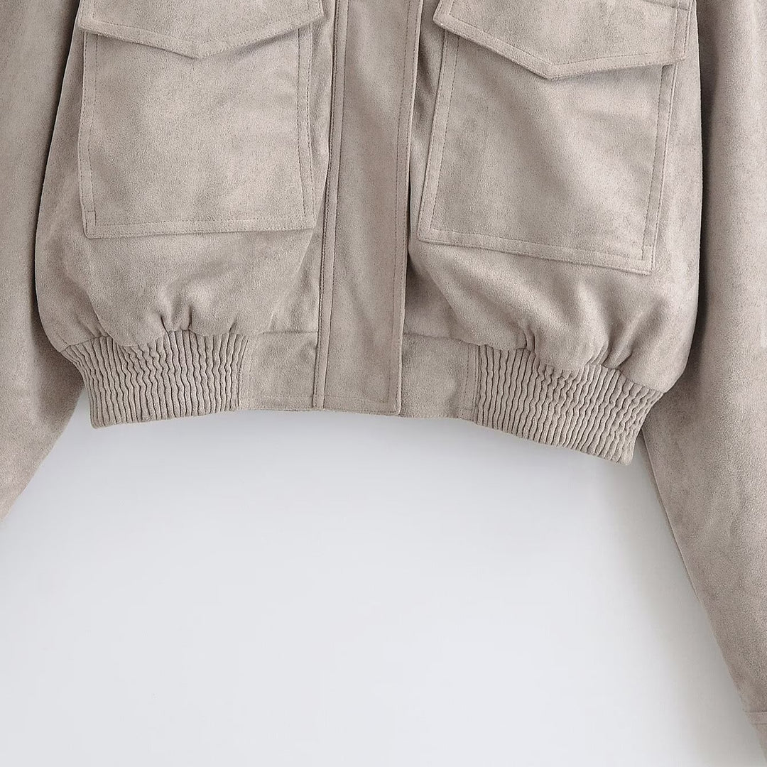 Ladies short blouson in field style made of suede-like material with stand-up collar, shoulder straps and wide ribbed waistband Mune Fashion