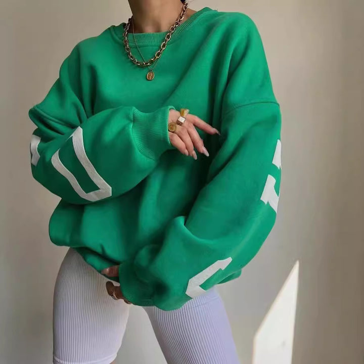 Women's Oversized Sweatshirt with Block Print Sleeves and Wide Drop Shoulder Cut Mune Fashion