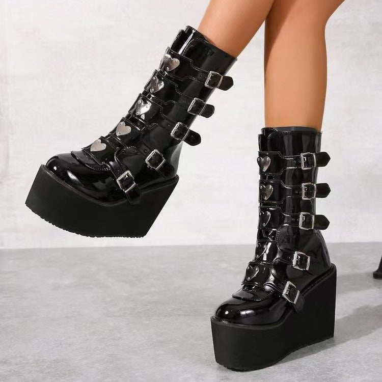 Women knee-high patent platform boots with multiple adjustable buckles and heart-shaped studs Mune Fashion