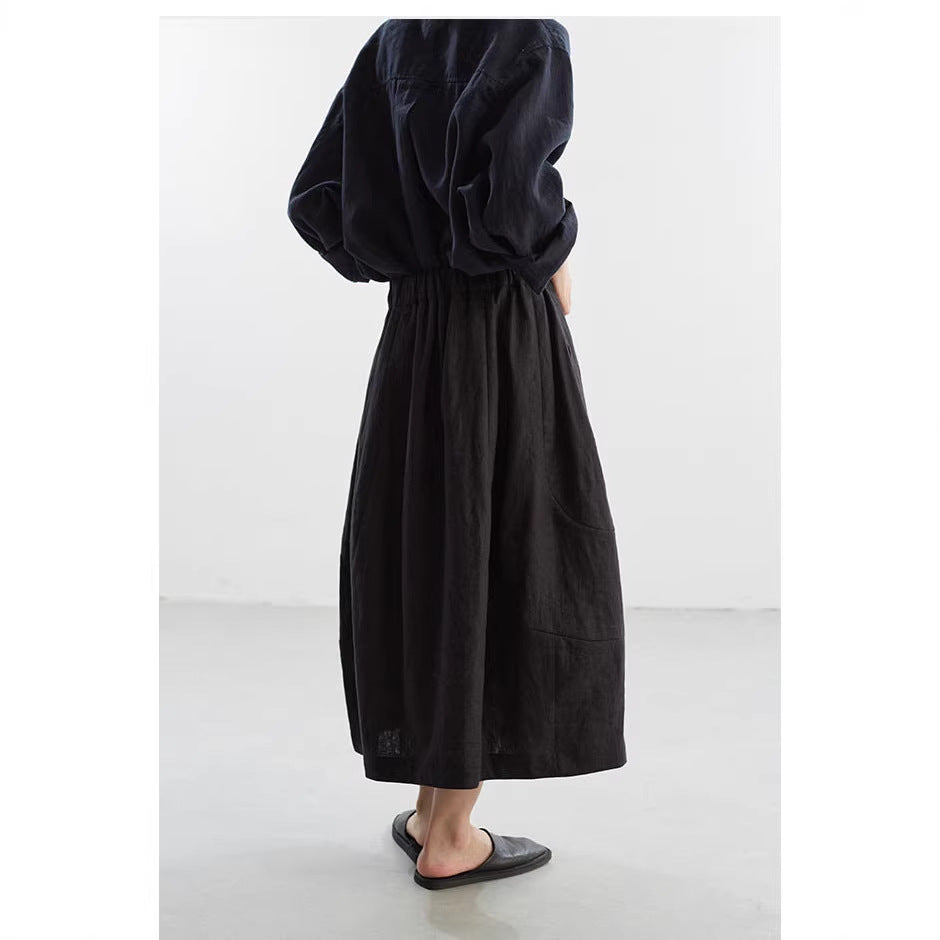 Ladies Comfortable, Loose Linen Skirt with Waist Drawstring Mune Fashion
