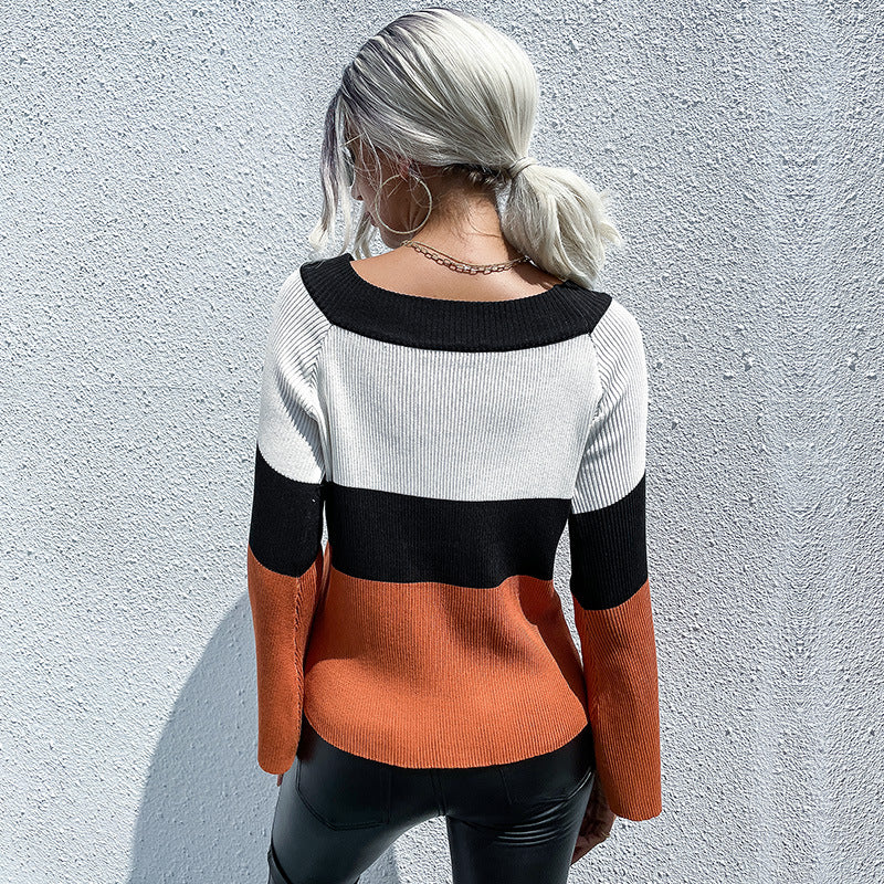 Women's fine knit sweater with block stripes, boat neckline, and bell sleeves Mune Fashion
