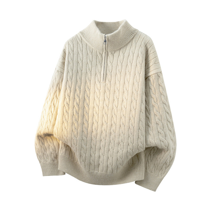 Women's Chunky Knit Half-Zip Sweater with Cable Pattern and Stand-Up Collar Mune Fashion