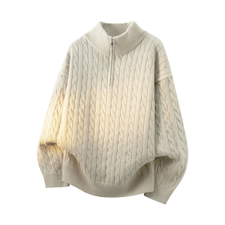 Women's Chunky Knit Half-Zip Sweater with Cable Pattern and Stand-Up Collar Mune Fashion