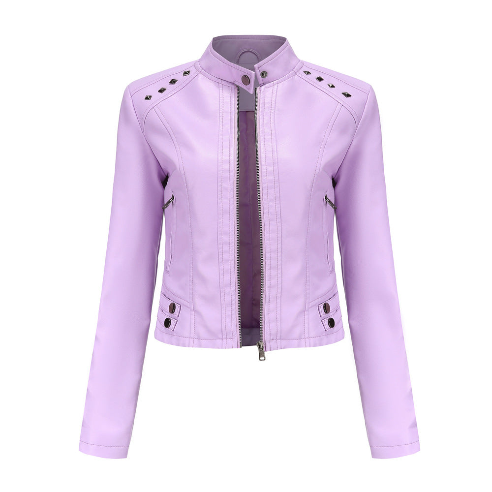 Women's short fitted faux leather jacket with studded detailing and stand-up collar Mune Fashion