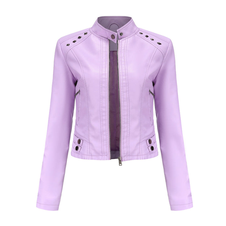 Women's short fitted faux leather jacket with studded detailing and stand-up collar Mune Fashion