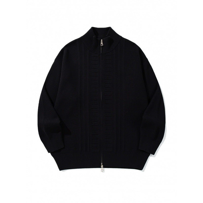 Men's chunky knit zip cardigan with high collar and double zipper Mune Fashion