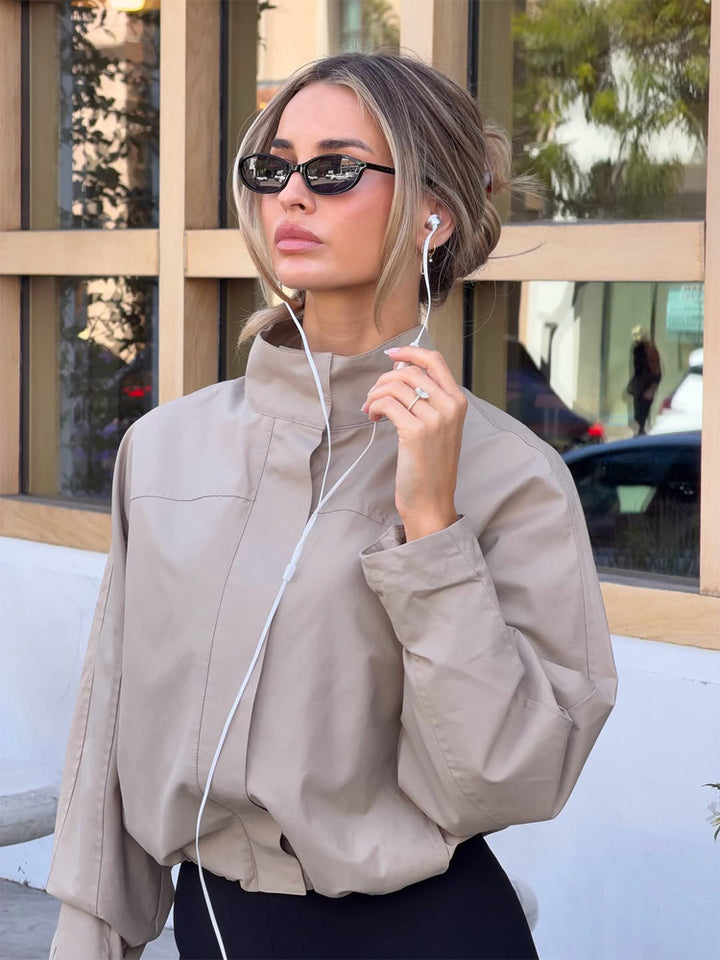 Women's Lightweight Cropped Utility Jacket with Stand-Up Collar, Concealed Button Placket and Elastic Hem Mune Fashion