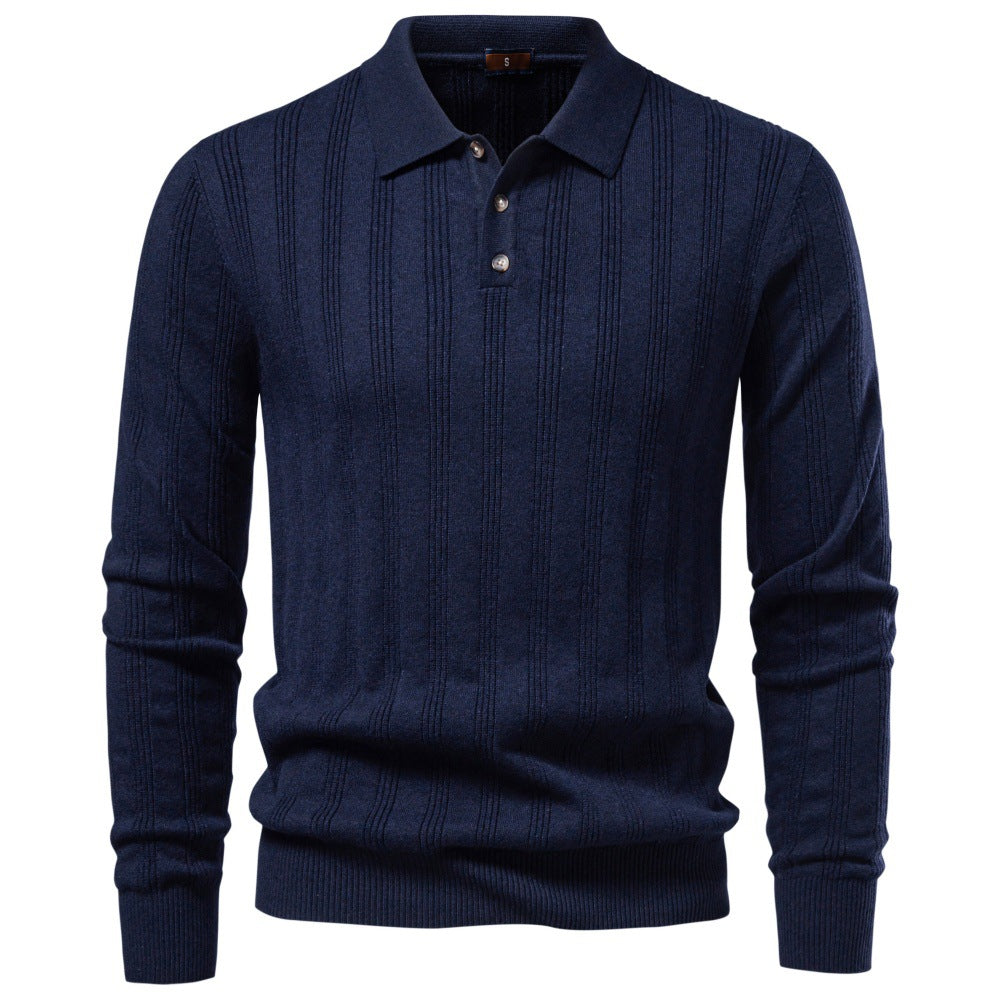 Men's Long Sleeve Fine Knit Polo Shirt with Textured Stripes and Ribbed Hem Mune Fashion