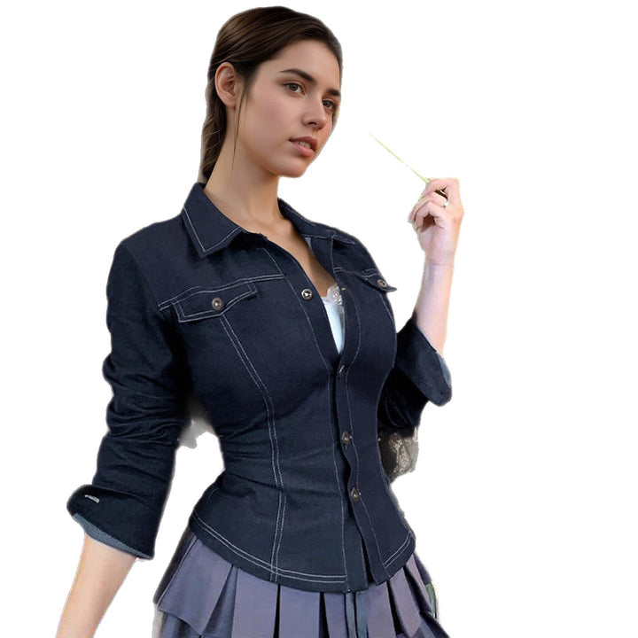 Women's fitted denim jacket with striking contrast seams, chest pockets, and figure-flattering cut Mune Fashion