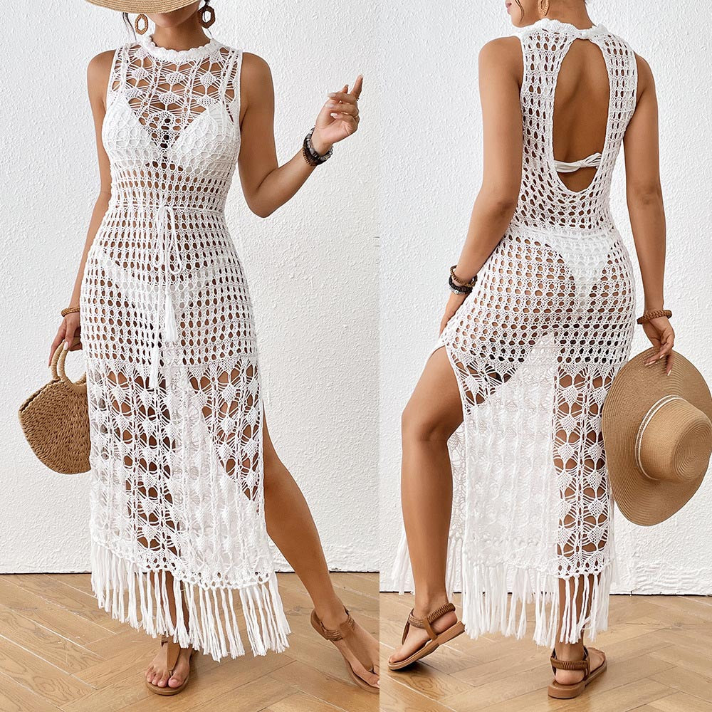Women's crocheted beach cover-up with open crochet elements and elegant fringes Mune Fashion