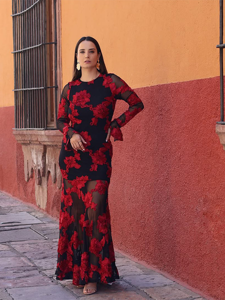 Women’s maxi dress with transparent mesh and floral embroidery Mune Fashion