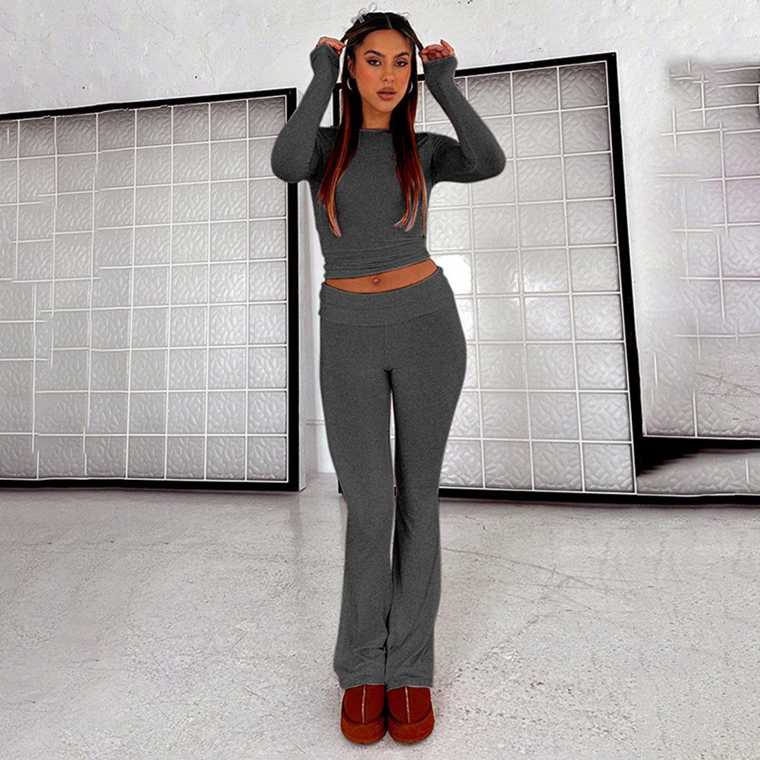 Women’s Stretch Lounge Set with cropped long sleeve top and flared high-waisted pants Mune Fashion