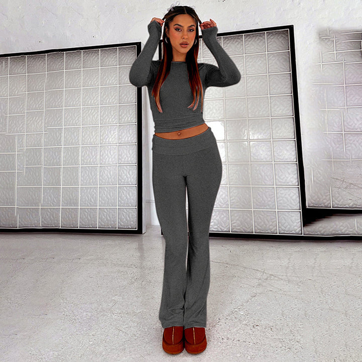 Women’s Stretch Lounge Set with cropped long sleeve top and flared high-waisted pants Mune Fashion