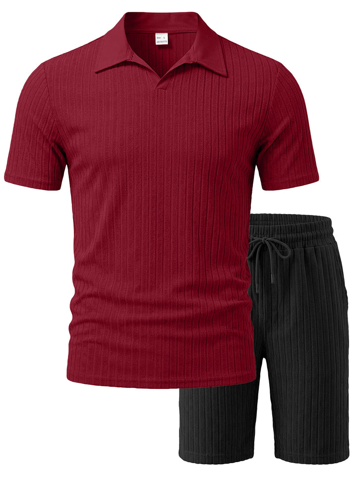 Men's knit lounge ensemble with polo collar V-insert and drawstring bermudas Mune Fashion